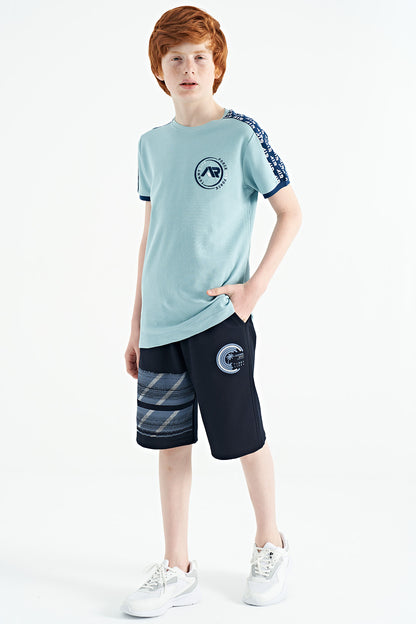 Light Blue Shoulder Print Detailed Standard Fit O Collar Boys T-Shirt - 11121