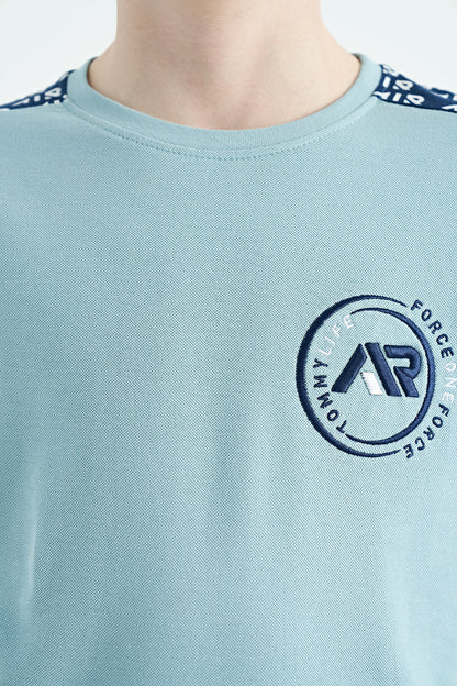 Light Blue Shoulder Print Detailed Standard Fit O Collar Boys T-Shirt - 11121