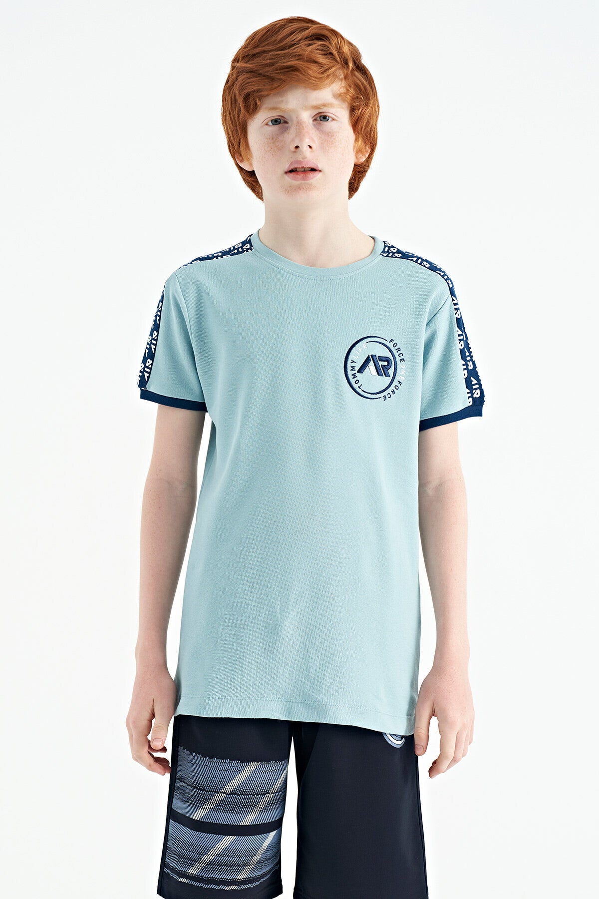 Light Blue Shoulder Print Detailed Standard Fit O Collar Boys T-Shirt - 11121