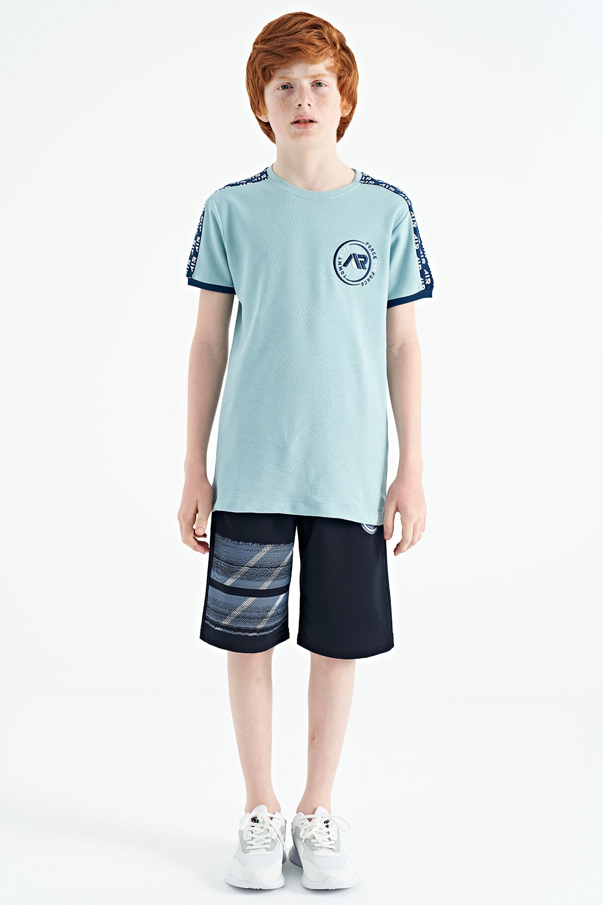 Light Blue Shoulder Print Detailed Standard Fit O Collar Boys T-Shirt - 11121