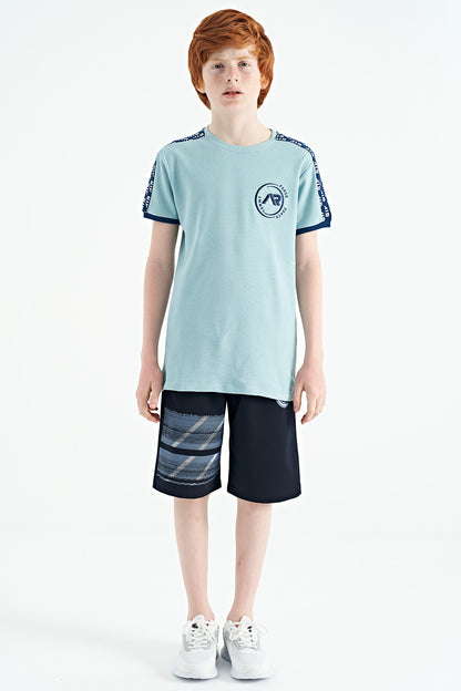 Light Blue Shoulder Print Detailed Standard Fit O Collar Boys T-Shirt - 11121