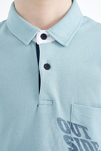 Light Blue Front Pocket Detailed Print Standard Fit Polo Collar Boys T-Shirt - 11102