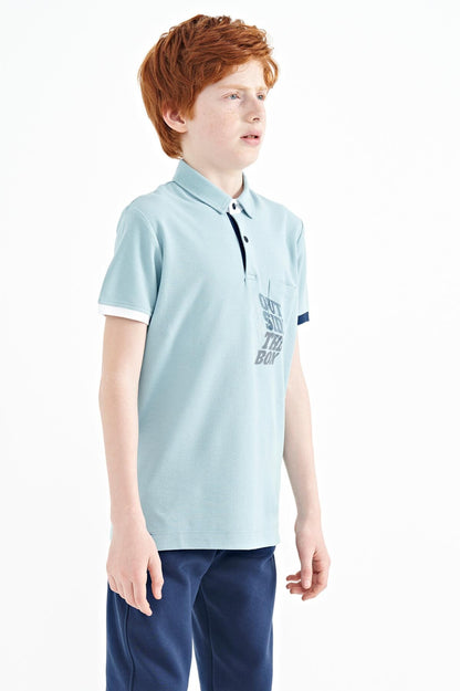 Light Blue Front Pocket Detailed Print Standard Fit Polo Collar Boys T-Shirt - 11102