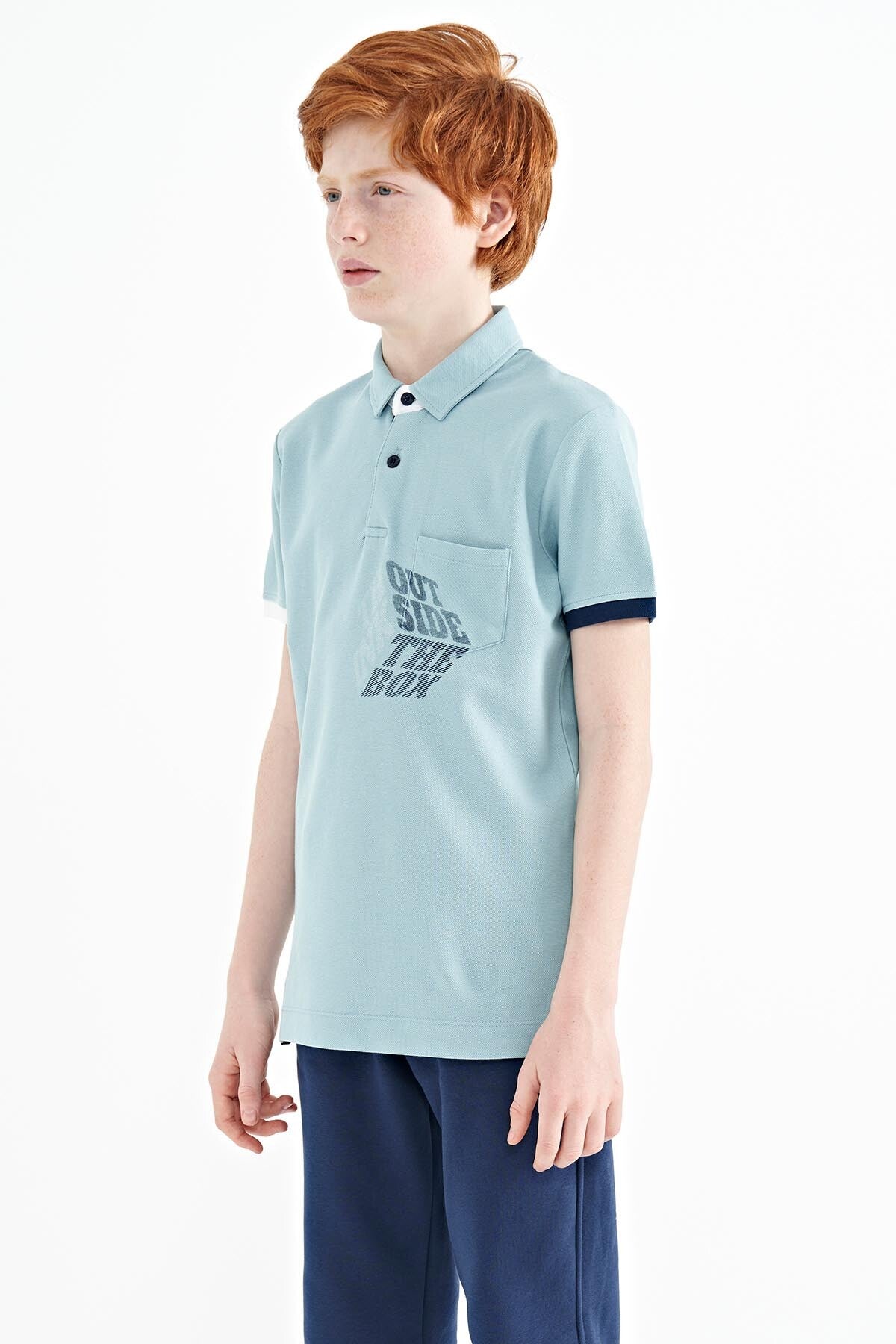 Light Blue Front Pocket Detailed Print Standard Fit Polo Collar Boys T-Shirt - 11102
