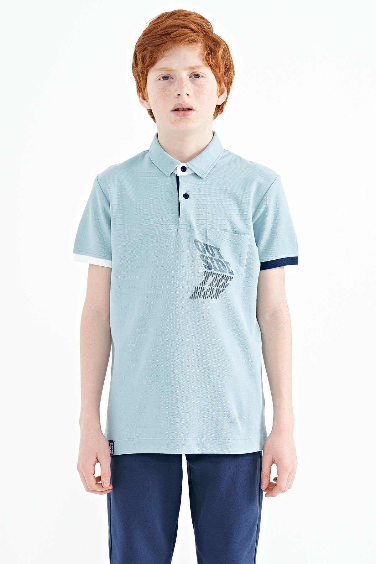 Light Blue Front Pocket Detailed Print Standard Fit Polo Collar Boys T-Shirt - 11102