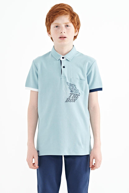 Light Blue Front Pocket Detailed Print Standard Fit Polo Collar Boys T-Shirt - 11102