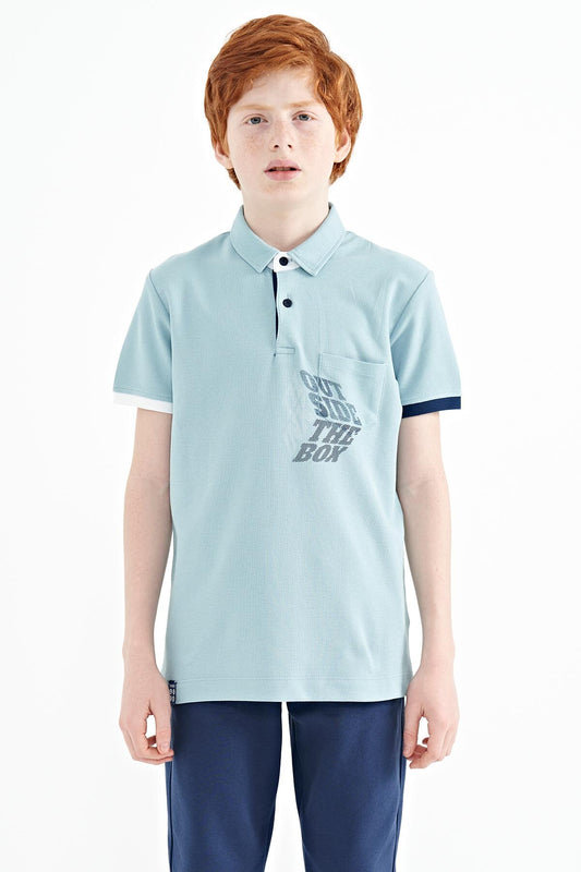Light Blue Front Pocket Detailed Print Standard Fit Polo Collar Boys T-Shirt - 11102