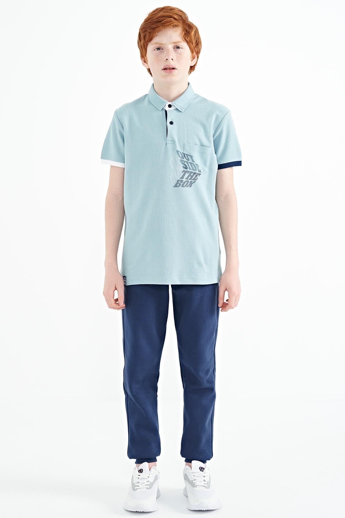 Light Blue Front Pocket Detailed Print Standard Fit Polo Collar Boys T-Shirt - 11102