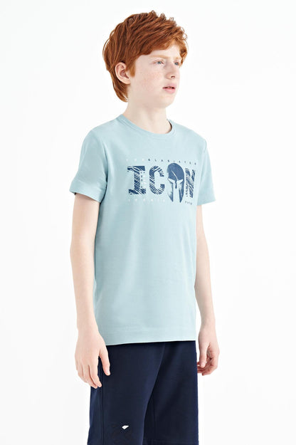 Light Blue Front Script Embroidered O Collar Standard Fit Men's Boys T-Shirt - 11118