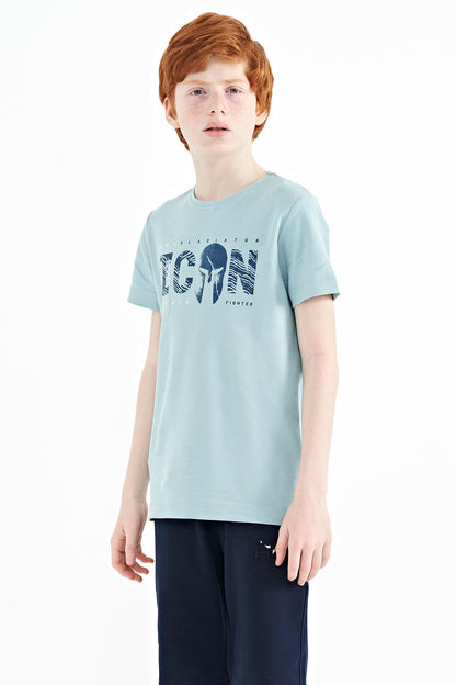 Light Blue Front Script Embroidered O Collar Standard Fit Men's Boys T-Shirt - 11118
