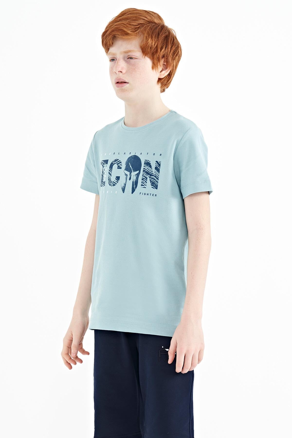 Light Blue Front Script Embroidered O Collar Standard Fit Men's Boys T-Shirt - 11118