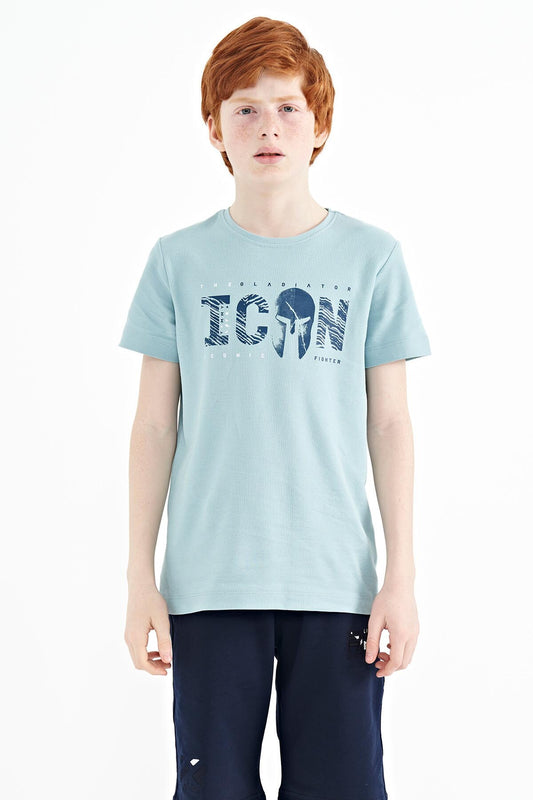 Light Blue Front Script Embroidered O Collar Standard Fit Men's Boys T-Shirt - 11118