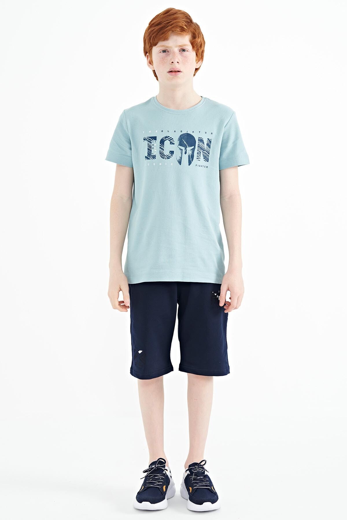 Light Blue Front Script Embroidered O Collar Standard Fit Men's Boys T-Shirt - 11118