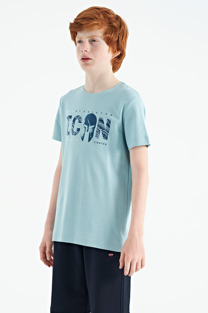 Light Blue Front Script Embroidered O Collar Standard Fit Men's Boys T-Shirt - 11118