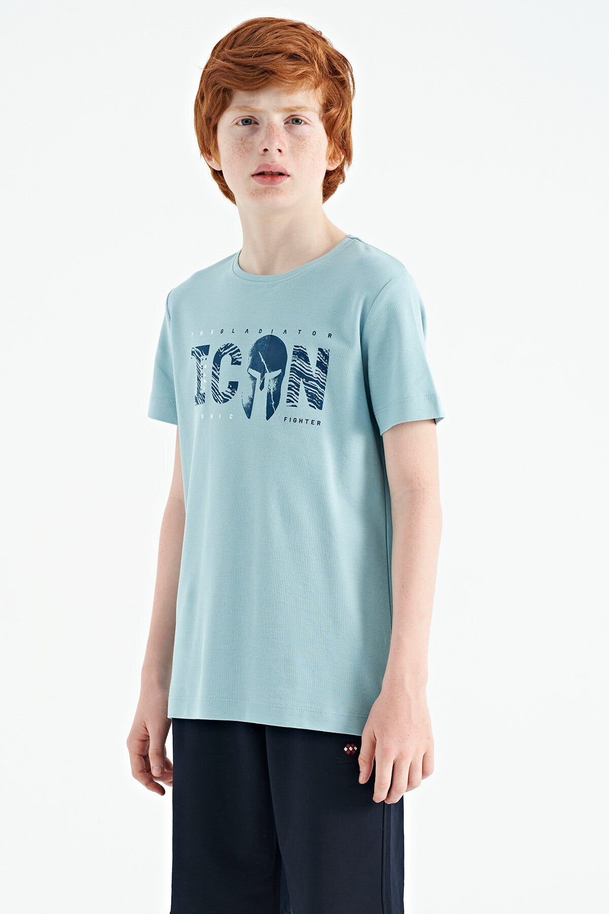 Light Blue Front Script Embroidered O Collar Standard Fit Men's Boys T-Shirt - 11118