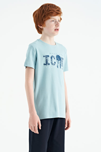 Light Blue Front Script Embroidered O Collar Standard Fit Men's Boys T-Shirt - 11118