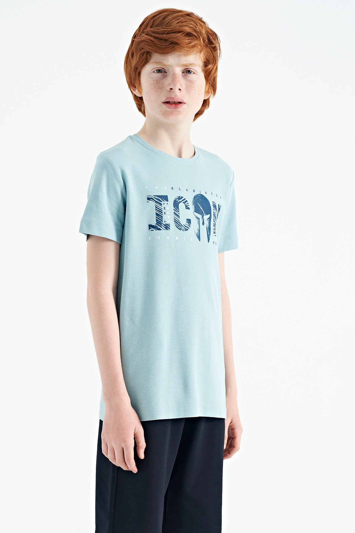 Light Blue Front Script Embroidered O Collar Standard Fit Men's Boys T-Shirt - 11118
