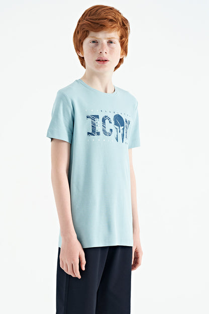 Light Blue Front Script Embroidered O Collar Standard Fit Men's Boys T-Shirt - 11118