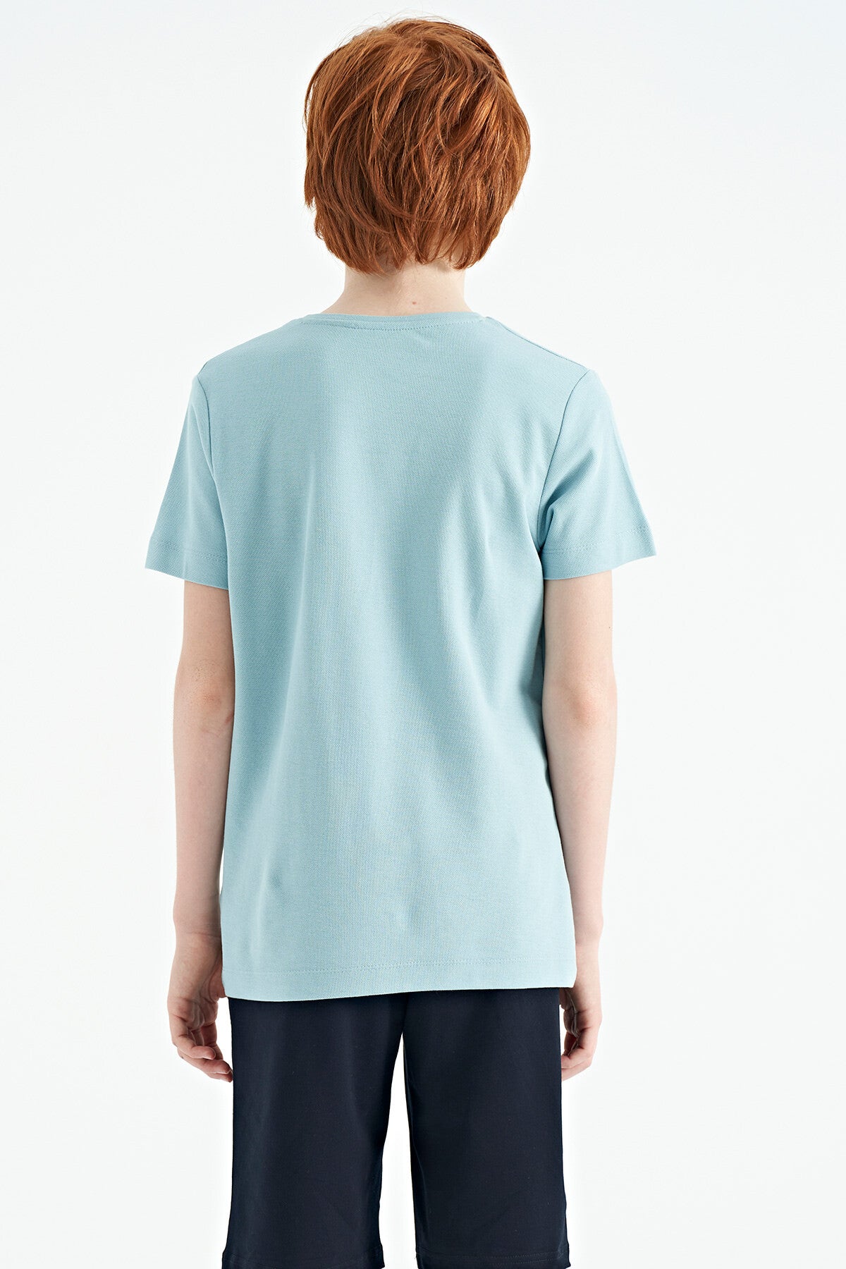 Light Blue Front Script Embroidered O Collar Standard Fit Men's Boys T-Shirt - 11118