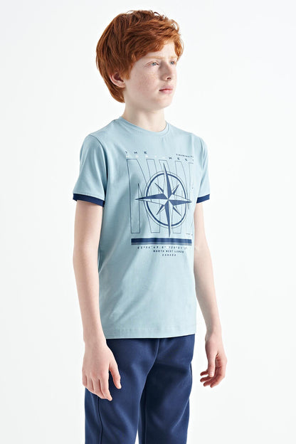 Light Blue Compass Printed Standard Fit O Collar Boys T-Shirt - 11106