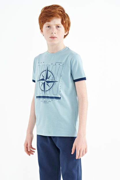 Light Blue Compass Printed Standard Fit O Collar Boys T-Shirt - 11106