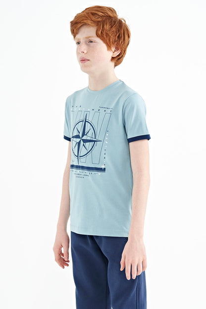 Light Blue Compass Printed Standard Fit O Collar Boys T-Shirt - 11106