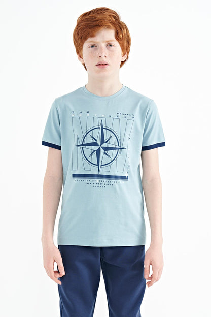 Light Blue Compass Printed Standard Fit O Collar Boys T-Shirt - 11106