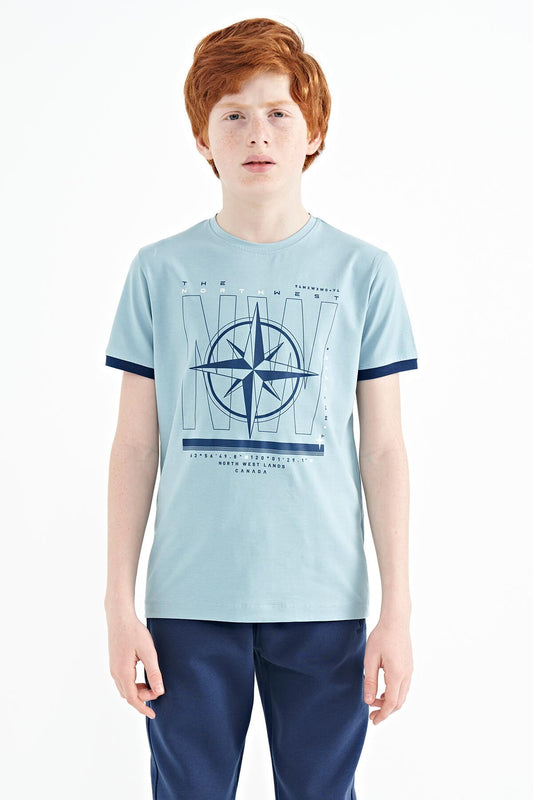 Light Blue Compass Printed Standard Fit O Collar Boys T-Shirt - 11106