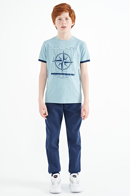 Light Blue Compass Printed Standard Fit O Collar Boys T-Shirt - 11106