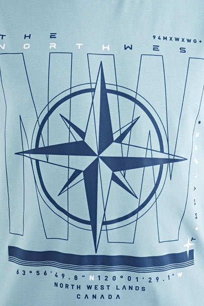 Light Blue Compass Printed Standard Fit O Collar Boys T-Shirt - 11106