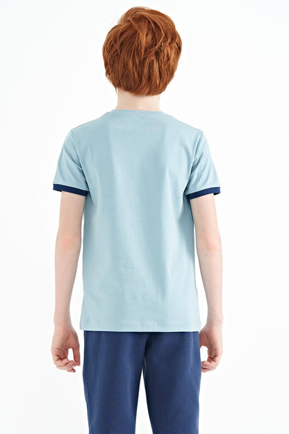 Light Blue Compass Printed Standard Fit O Collar Boys T-Shirt - 11106