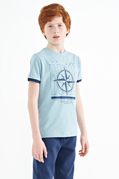 Light Blue Compass Printed Standard Fit O Collar Boys T-Shirt - 11106
