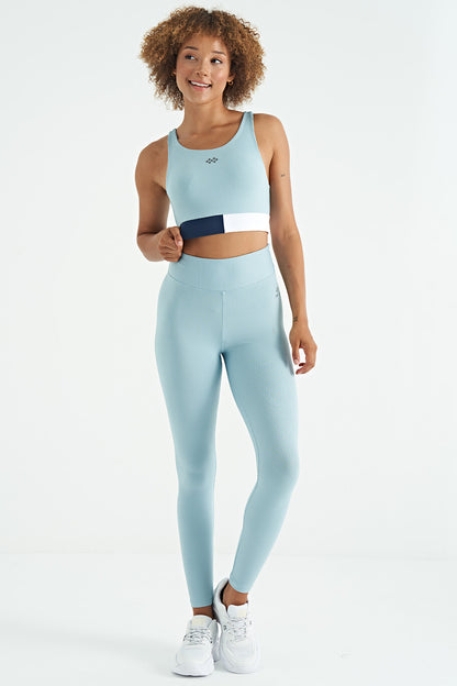 Light Blue Color Block Logo Printed Slim Fit Striped Women's Bustier - 97275