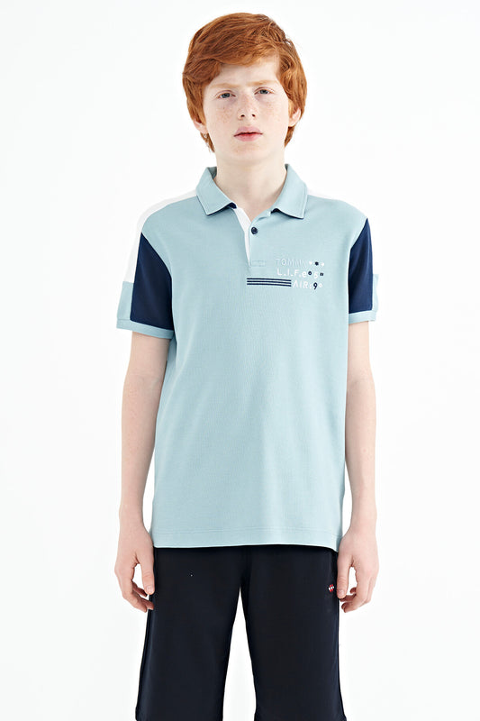 Blue Color Block Shoulder Trim Detailed Standard Fit Boys T-Shirt - 11155