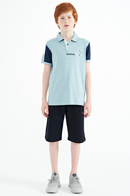 Blue Color Block Shoulder Trim Detailed Standard Fit Boys T-Shirt - 11155