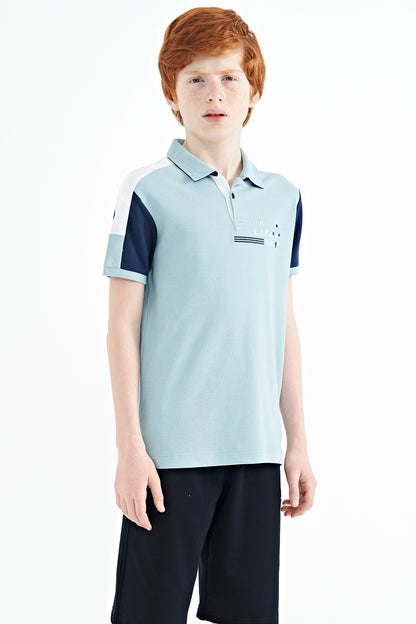 Blue Color Block Shoulder Trim Detailed Standard Fit Boys T-Shirt - 11155