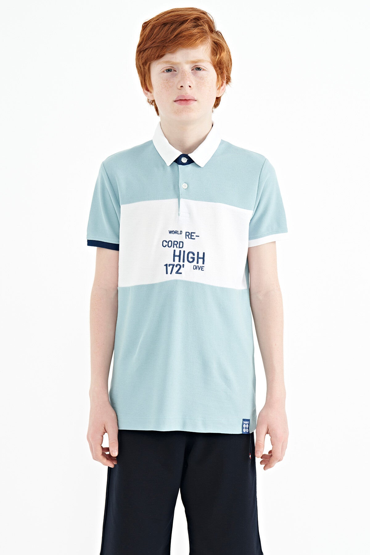 Light Blue Color Gradient Embroidered Detailed Standard Pattern Polo Collar Boys T-Shirt - 11110