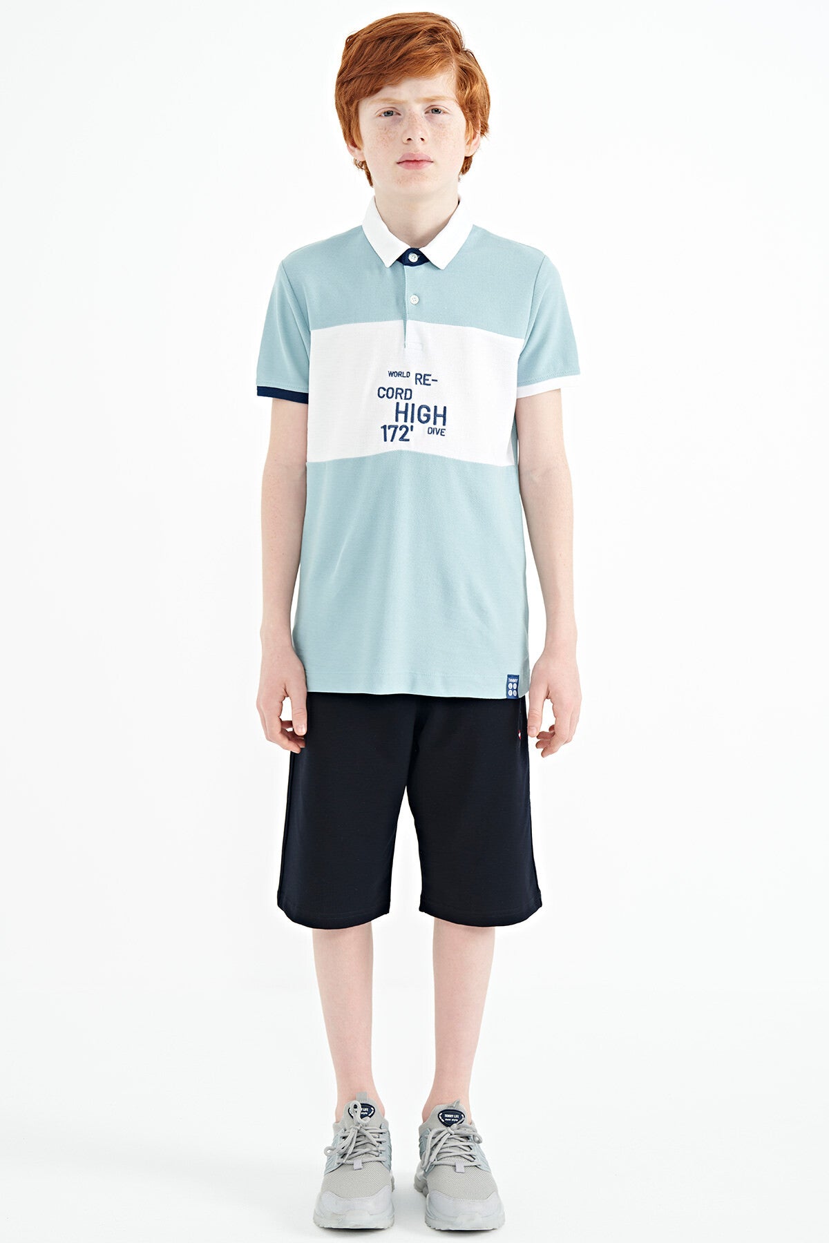 Light Blue Color Gradient Embroidered Detailed Standard Pattern Polo Collar Boys T-Shirt - 11110