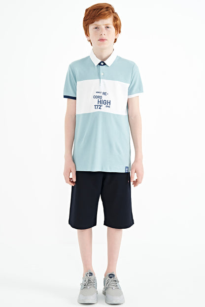Light Blue Color Gradient Embroidered Detailed Standard Pattern Polo Collar Boys T-Shirt - 11110