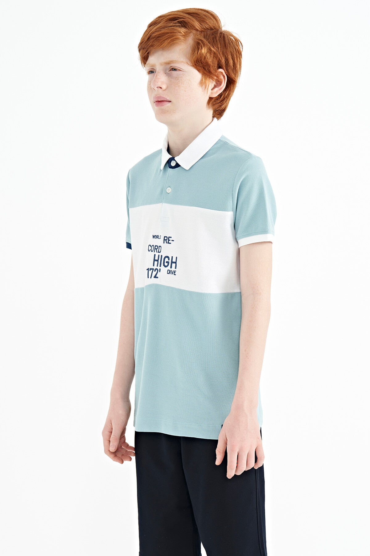 Light Blue Color Gradient Embroidered Detailed Standard Pattern Polo Collar Boys T-Shirt - 11110