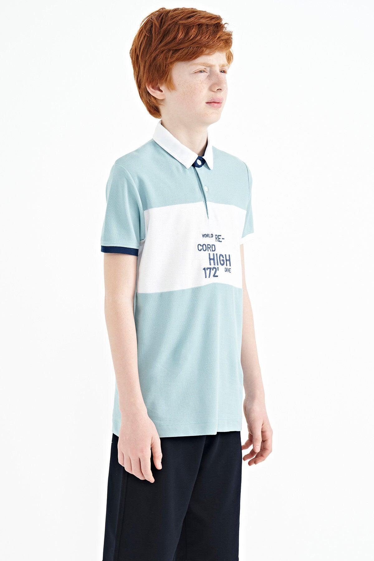 Light Blue Color Gradient Embroidered Detailed Standard Pattern Polo Collar Boys T-Shirt - 11110