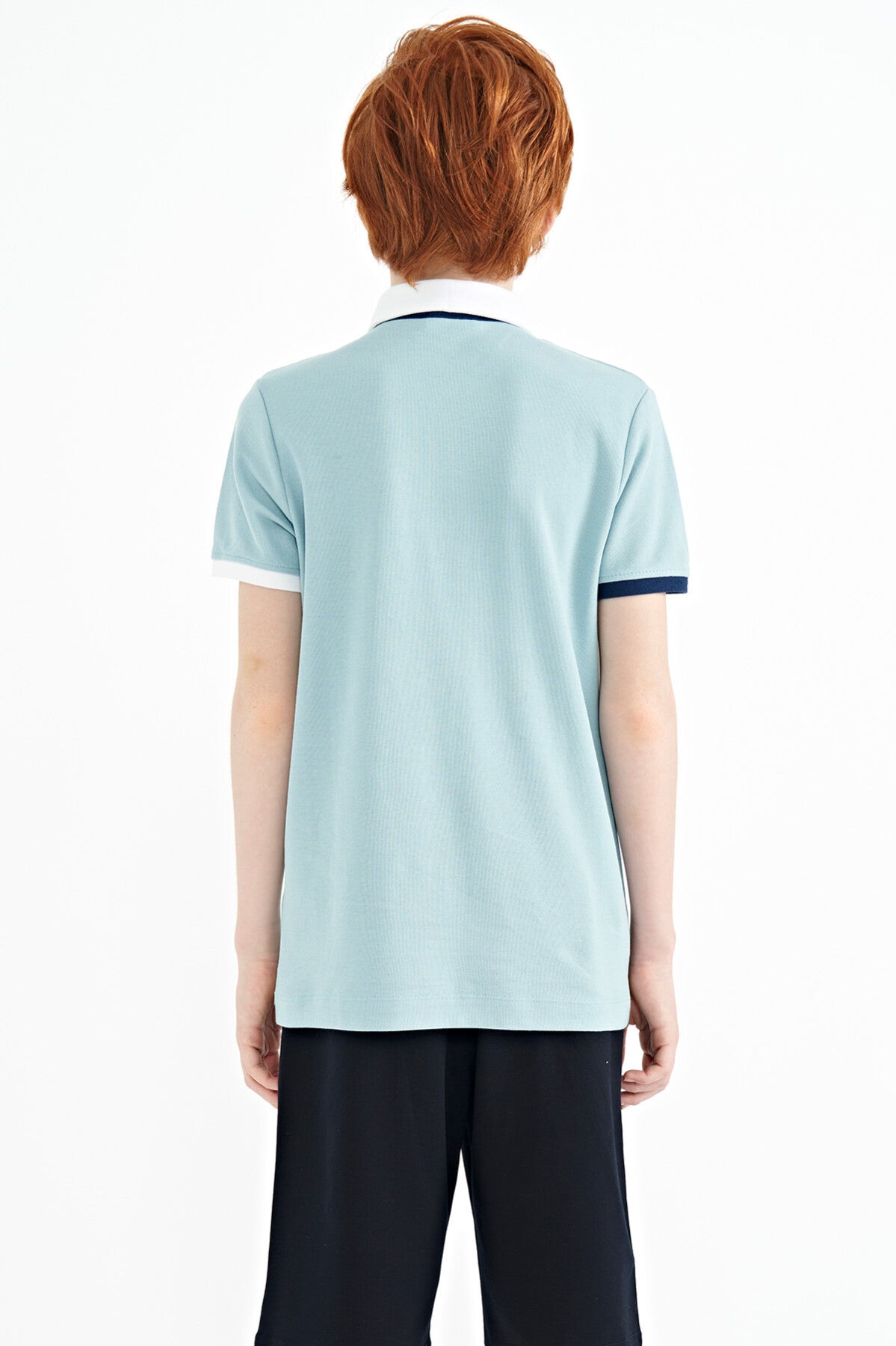 Light Blue Color Gradient Embroidered Detailed Standard Pattern Polo Collar Boys T-Shirt - 11110