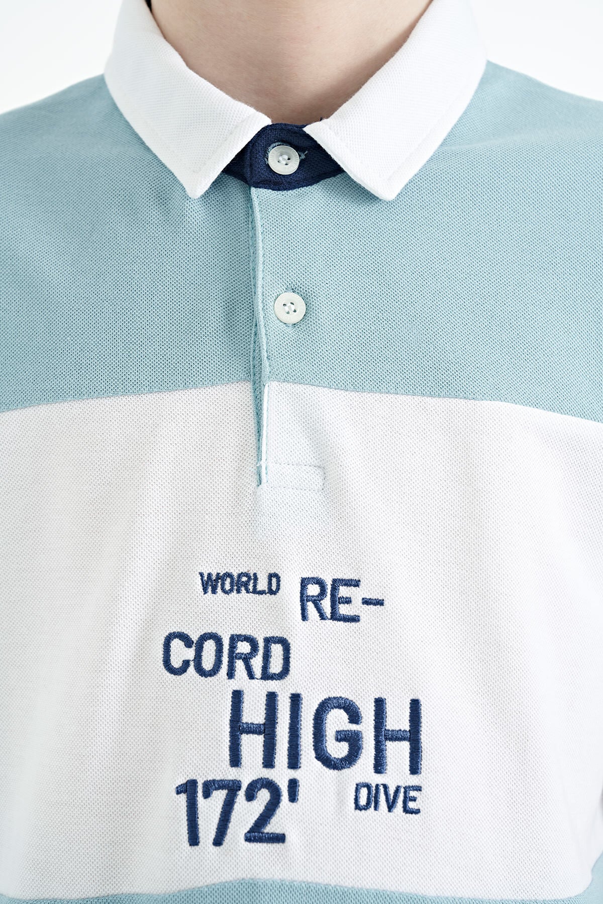 Light Blue Color Gradient Embroidered Detailed Standard Pattern Polo Collar Boys T-Shirt - 11110