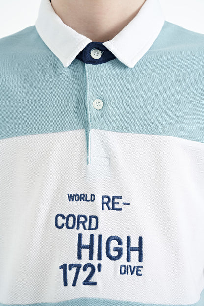 Light Blue Color Gradient Embroidered Detailed Standard Pattern Polo Collar Boys T-Shirt - 11110