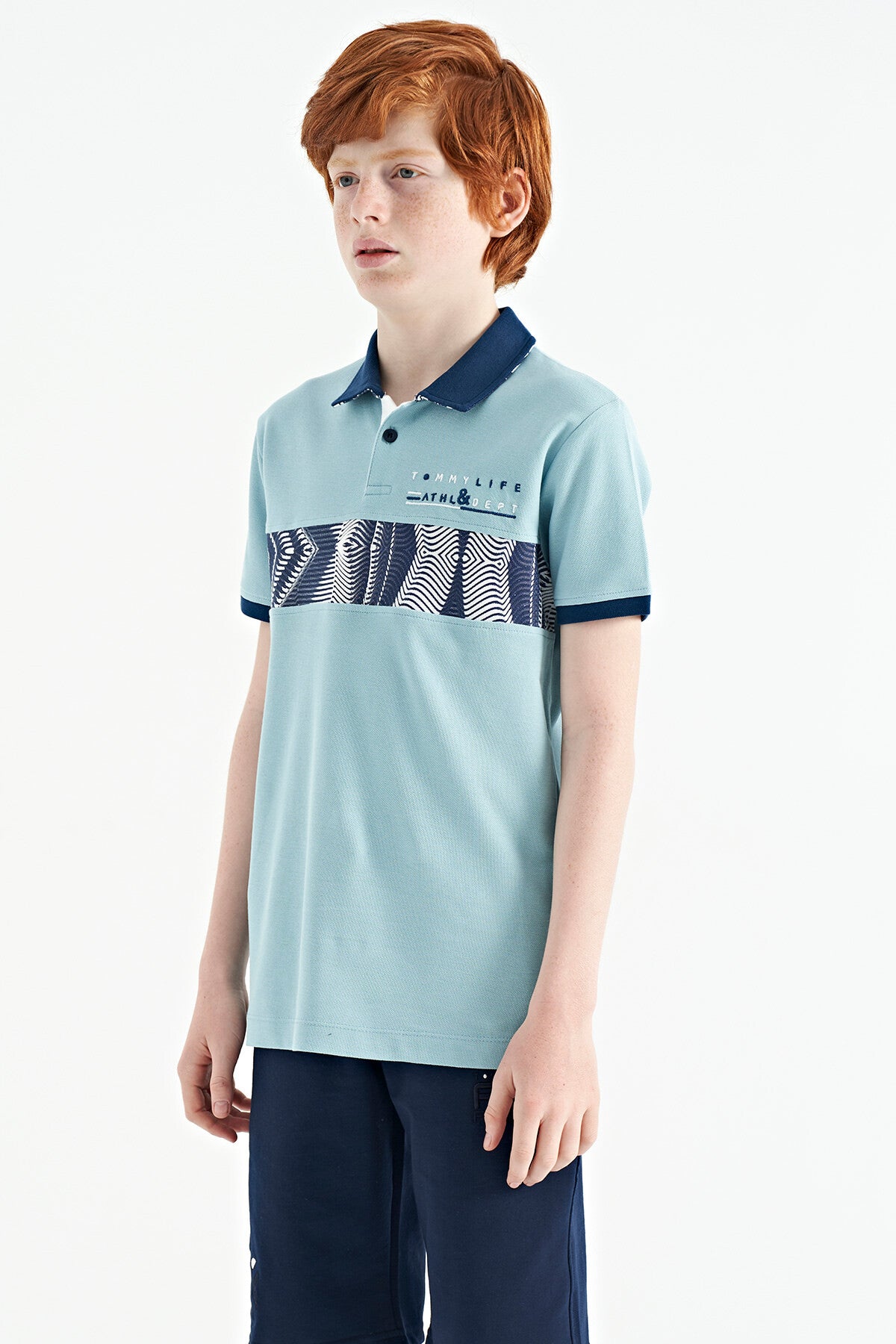 Light Blue Stripe Print Detailed Polo Collar Standard Fit Boys' T-Shirt - 11162
