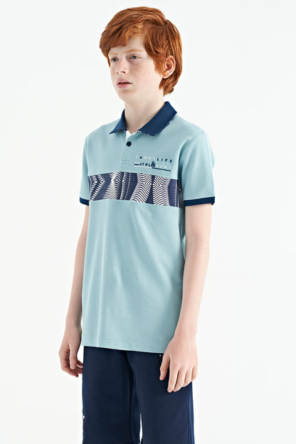 Light Blue Stripe Print Detailed Polo Collar Standard Fit Boys' T-Shirt - 11162