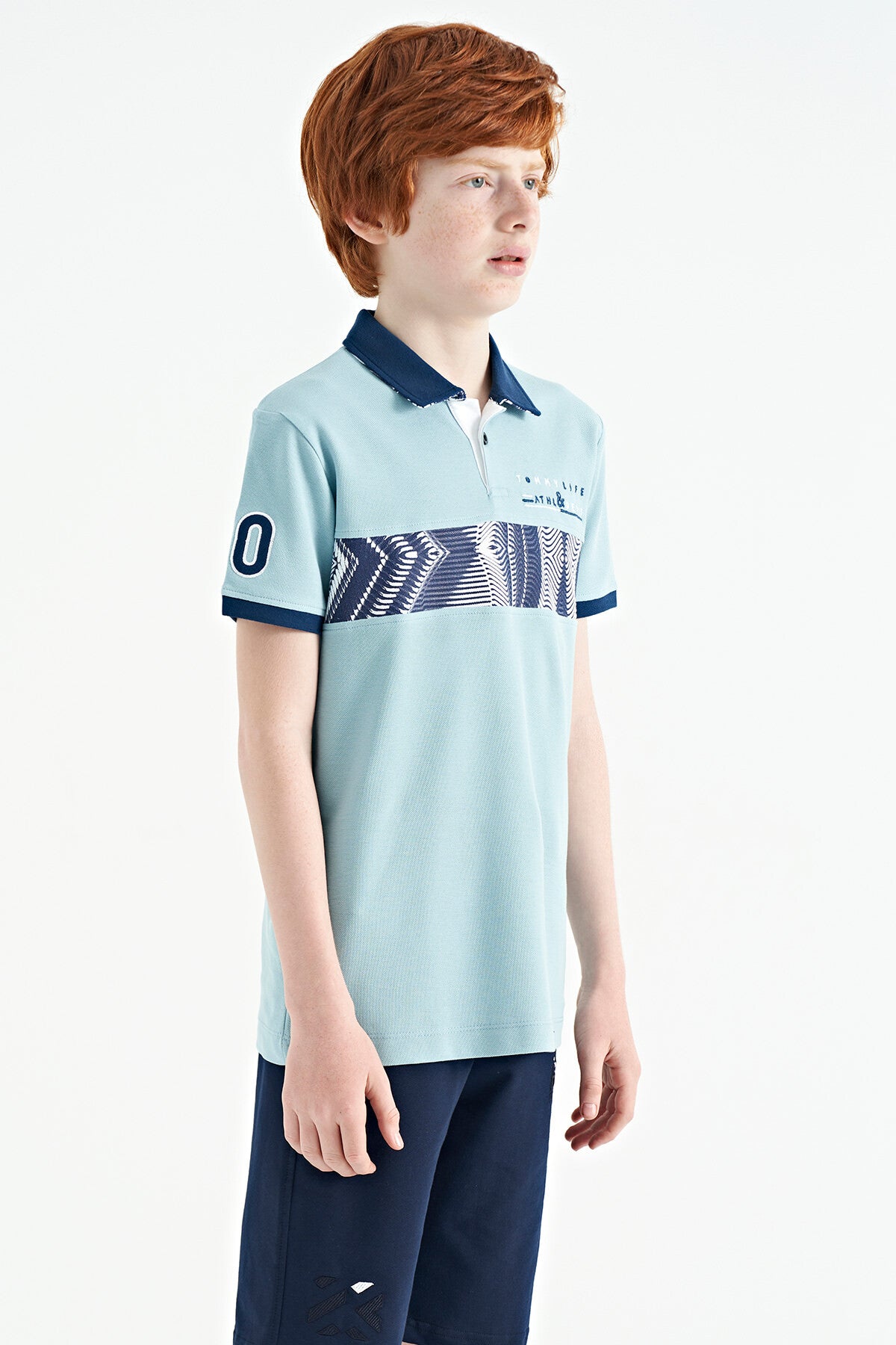 Light Blue Stripe Print Detailed Polo Collar Standard Fit Boys' T-Shirt - 11162