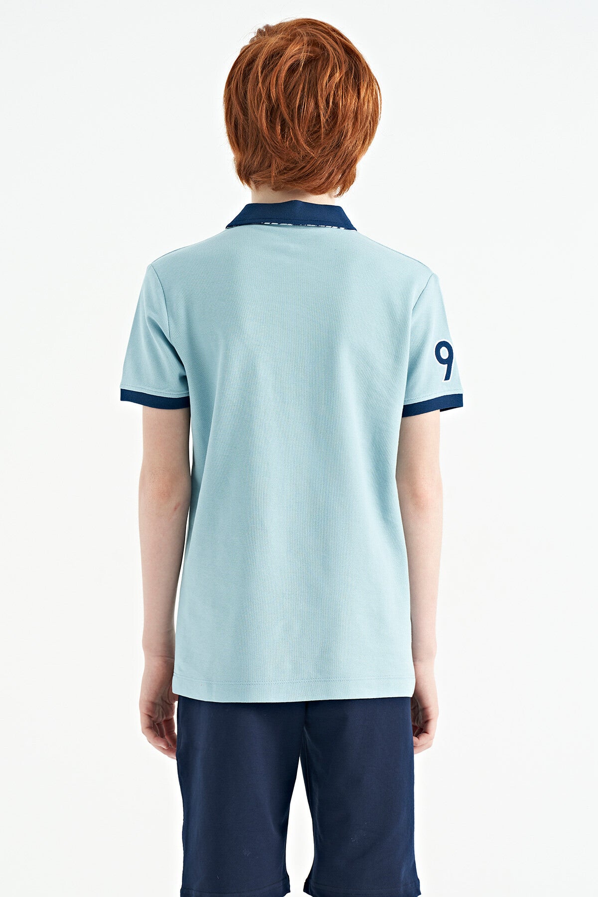 Light Blue Stripe Print Detailed Polo Collar Standard Fit Boys' T-Shirt - 11162
