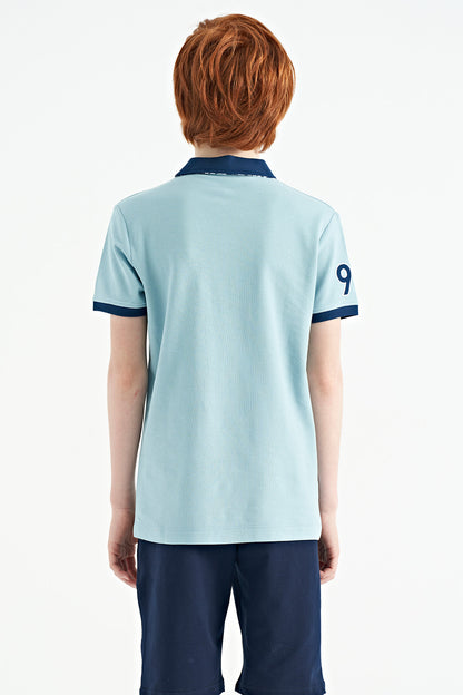 Light Blue Stripe Print Detailed Polo Collar Standard Fit Boys' T-Shirt - 11162