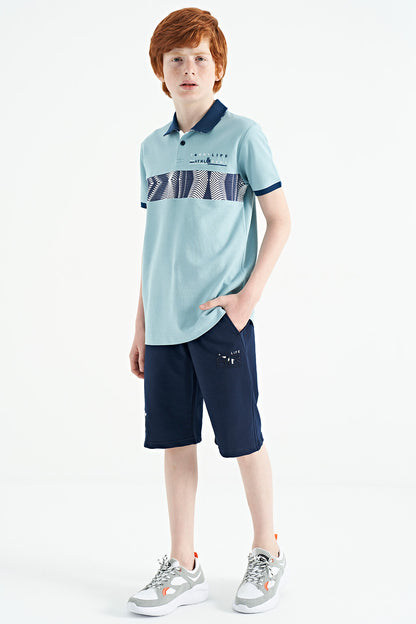 Light Blue Stripe Print Detailed Polo Collar Standard Fit Boys' T-Shirt - 11162